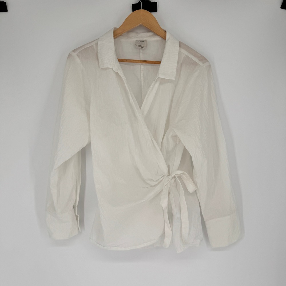 Maeve Cotton Blend Side Tie Wrap Blouse M White Coastal Minimalist Chic Top